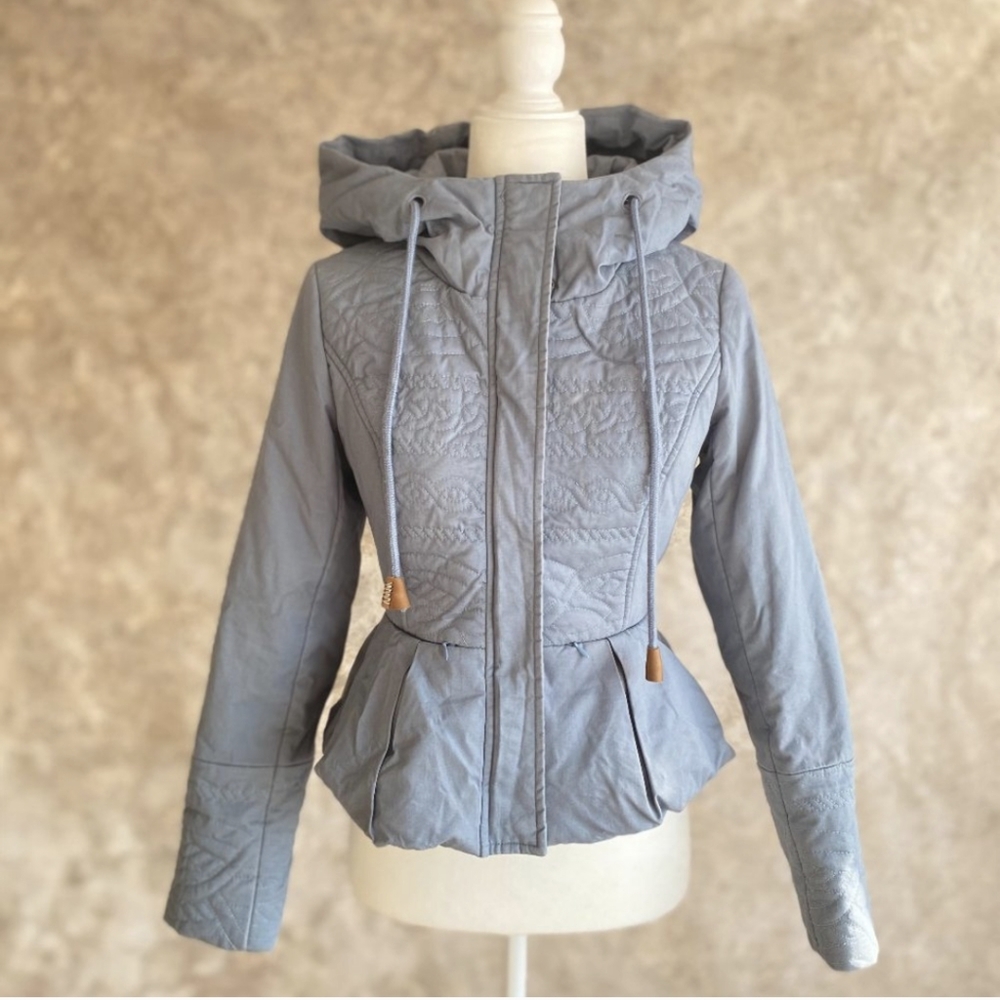 Artka Blue Nordic Scandinavian Style Full Zip Peplum Hooded Jacket, size XS